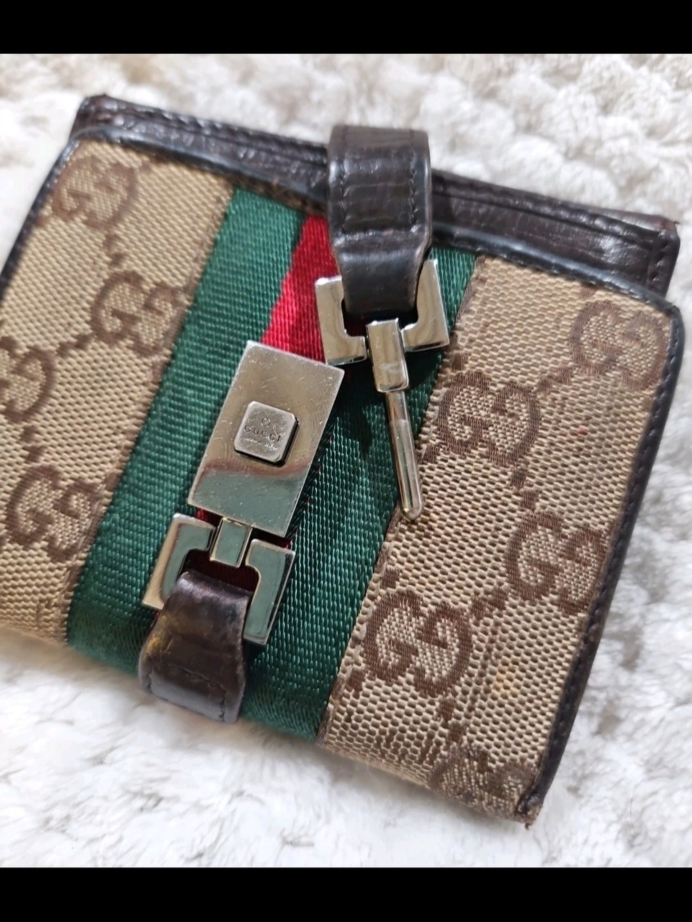GUCCI GG Canvas Web Sherry Line Jackie Wallet Beige Silver 05470•2118 GUC